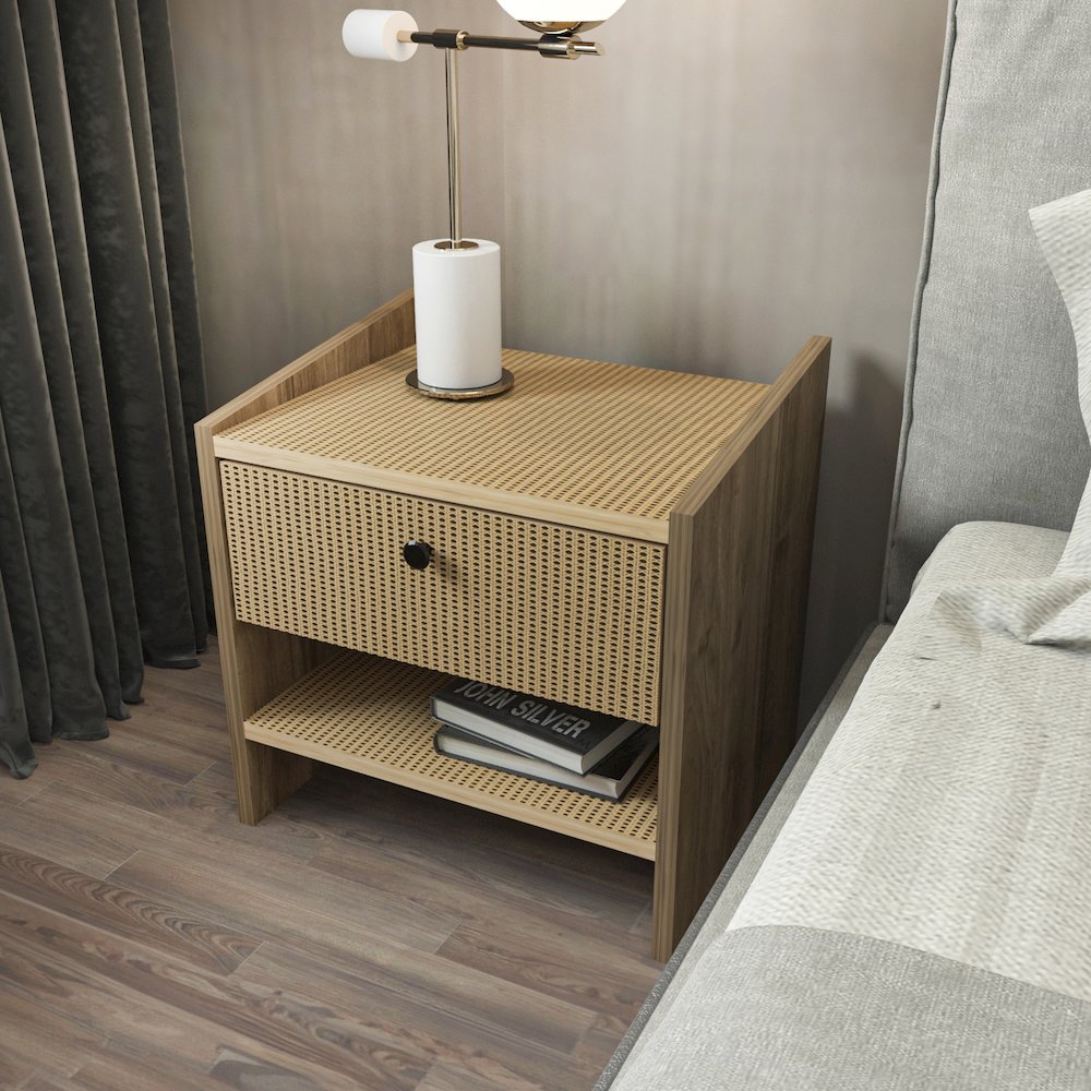 Berlin Nightstand Oud Oak Rattan Pattern. Picture 5