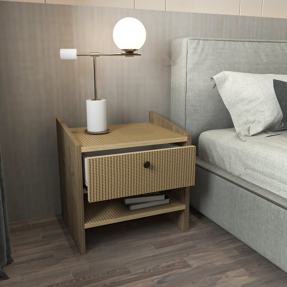 Berlin Nightstand Oud Oak Rattan Pattern. Picture 6