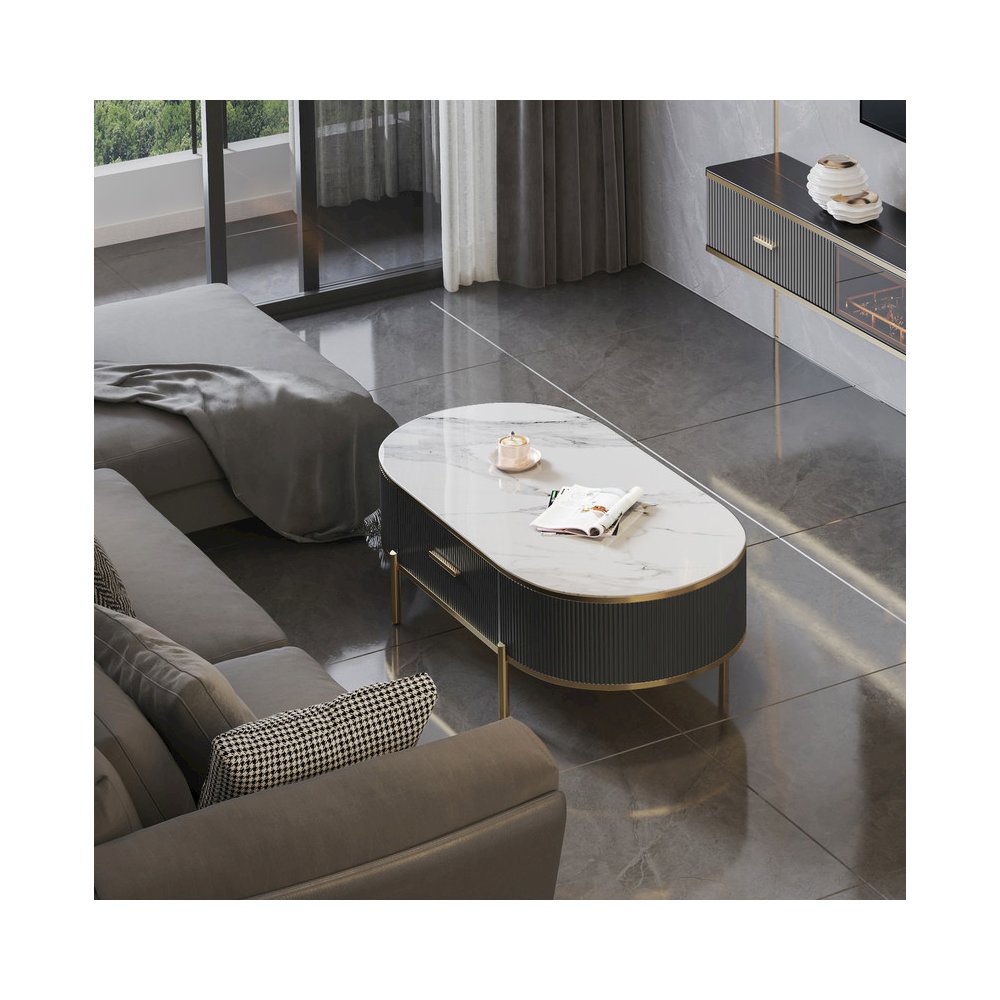 Modern Coffee Table White/Gray Sintered Stone Top & Gold With Drawer. Picture 2