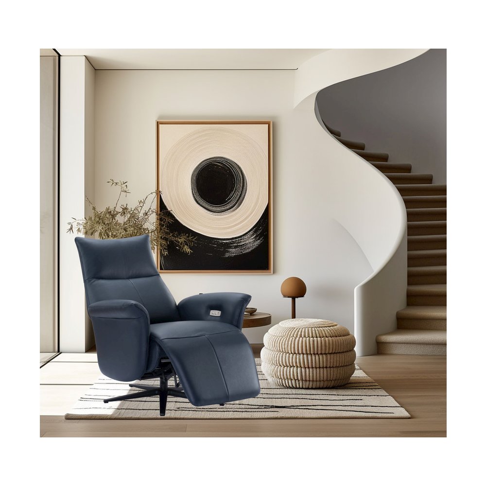 Pomego Full Top Grain Leather Power Recliner Chair In Navy Color. Picture 5