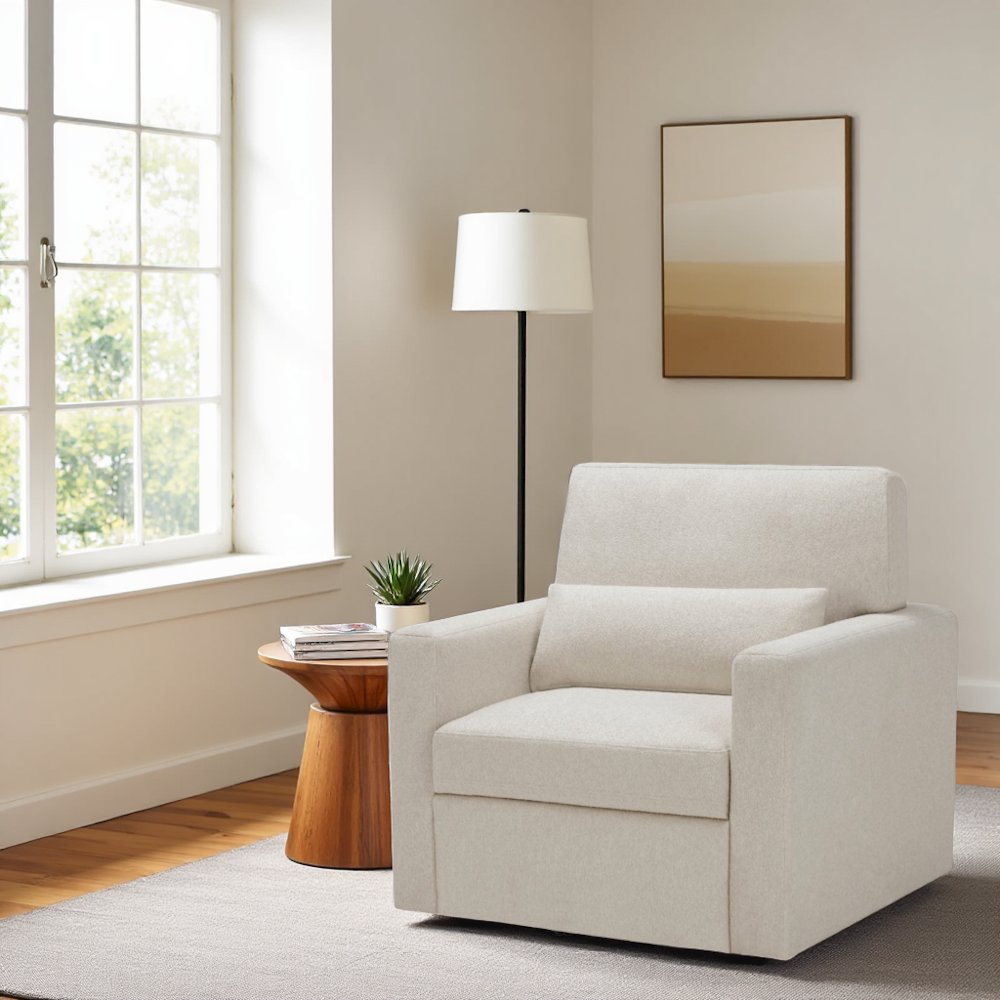 Modern Swivel 35-Inch Chair in Beige Boucle – Unique Chair for Bedroom Use. Picture 2