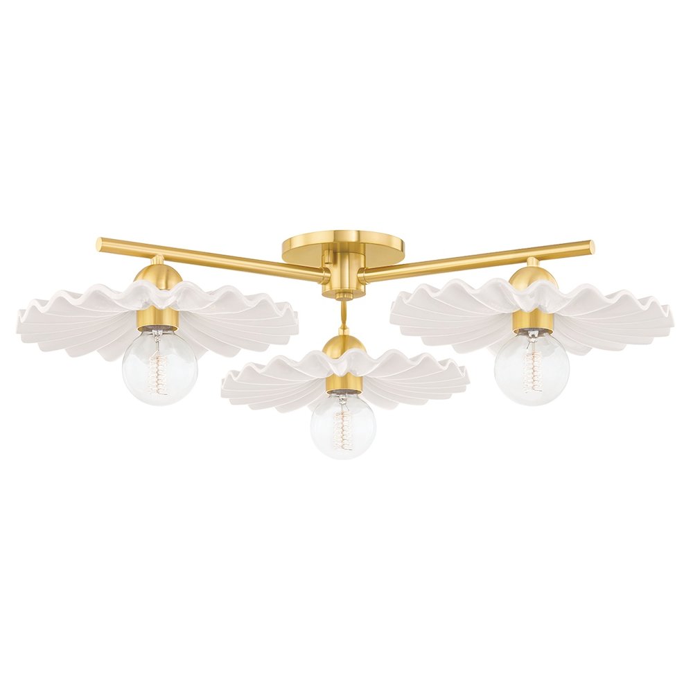 Tinsley Semi Flush In Aged Brass/Ceramic Gloss Cream Color. Picture 1