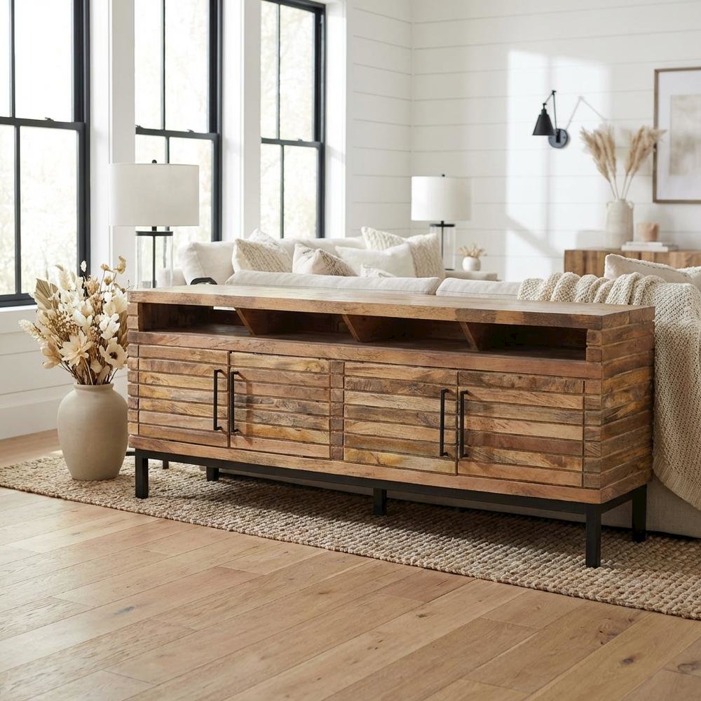 Gold Mango Wood Console, Transitional Style, Up to 98-Inch TV Compatibility. Picture 2