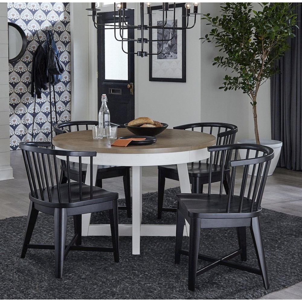 Modern Dining 48-66" Round Dining Table and 4 Black Barrel Chairs. Picture 13