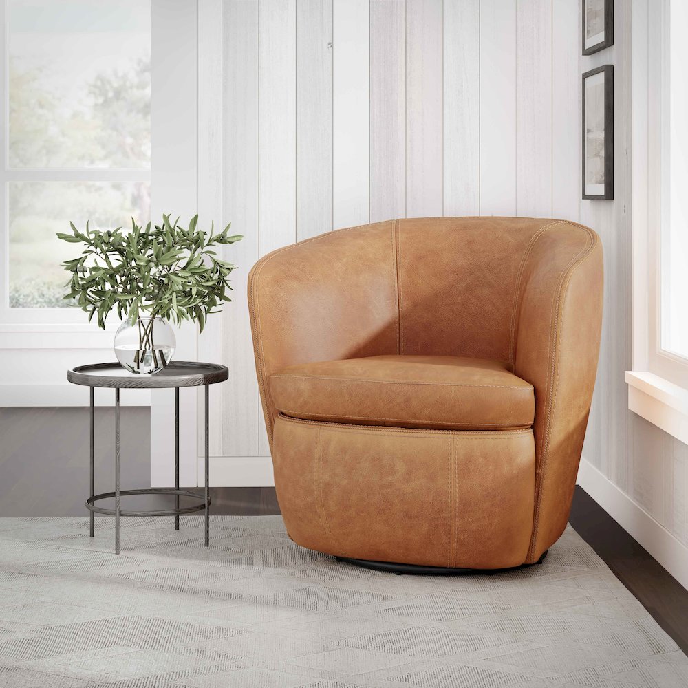Barolo - Vintage Caramel 100% Italian Leather Swivel Club Chair. Picture 2