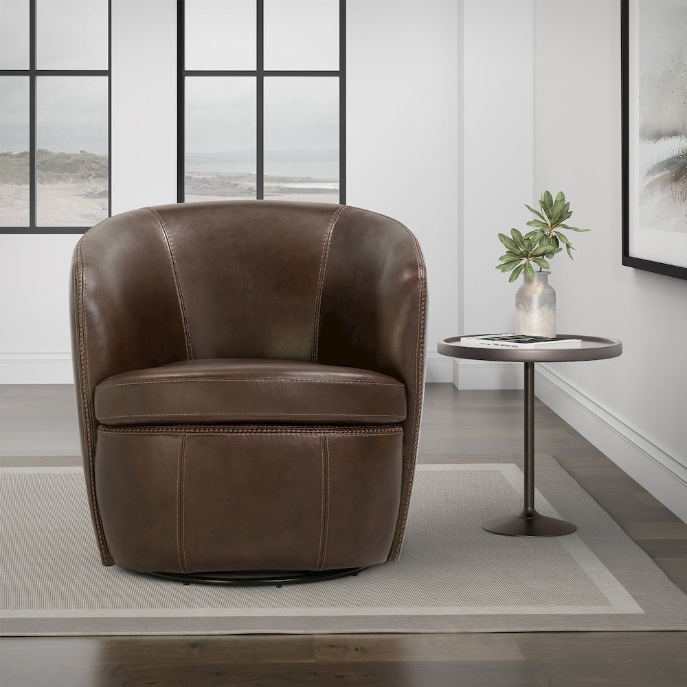 Barolo - Vintage Brown 100% Italian Leather Swivel Club Chair. Picture 11