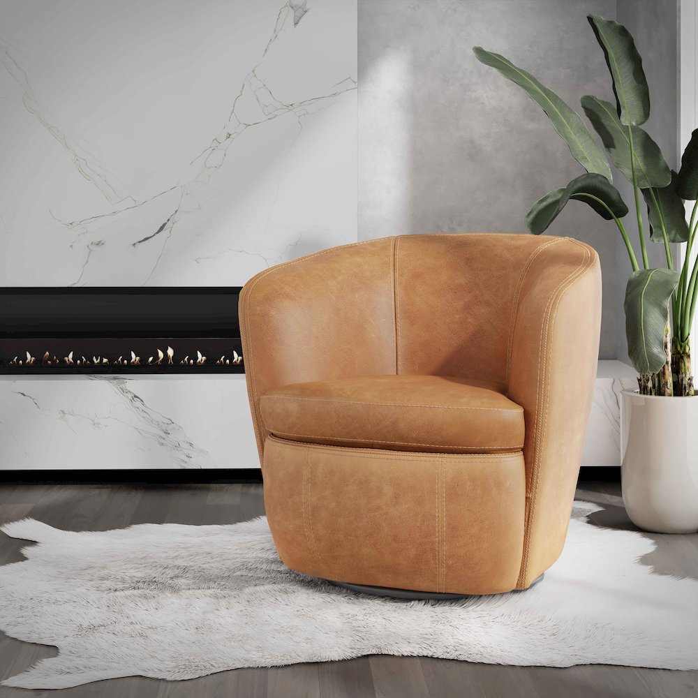 Barolo - Vintage Caramel 100% Italian Leather Swivel Club Chair. Picture 5
