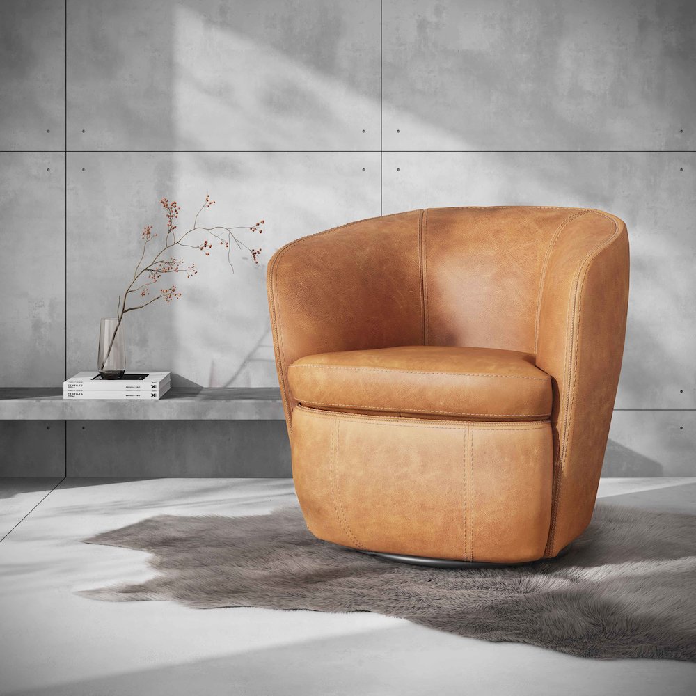 Barolo - Vintage Caramel 100% Italian Leather Swivel Club Chair. Picture 4