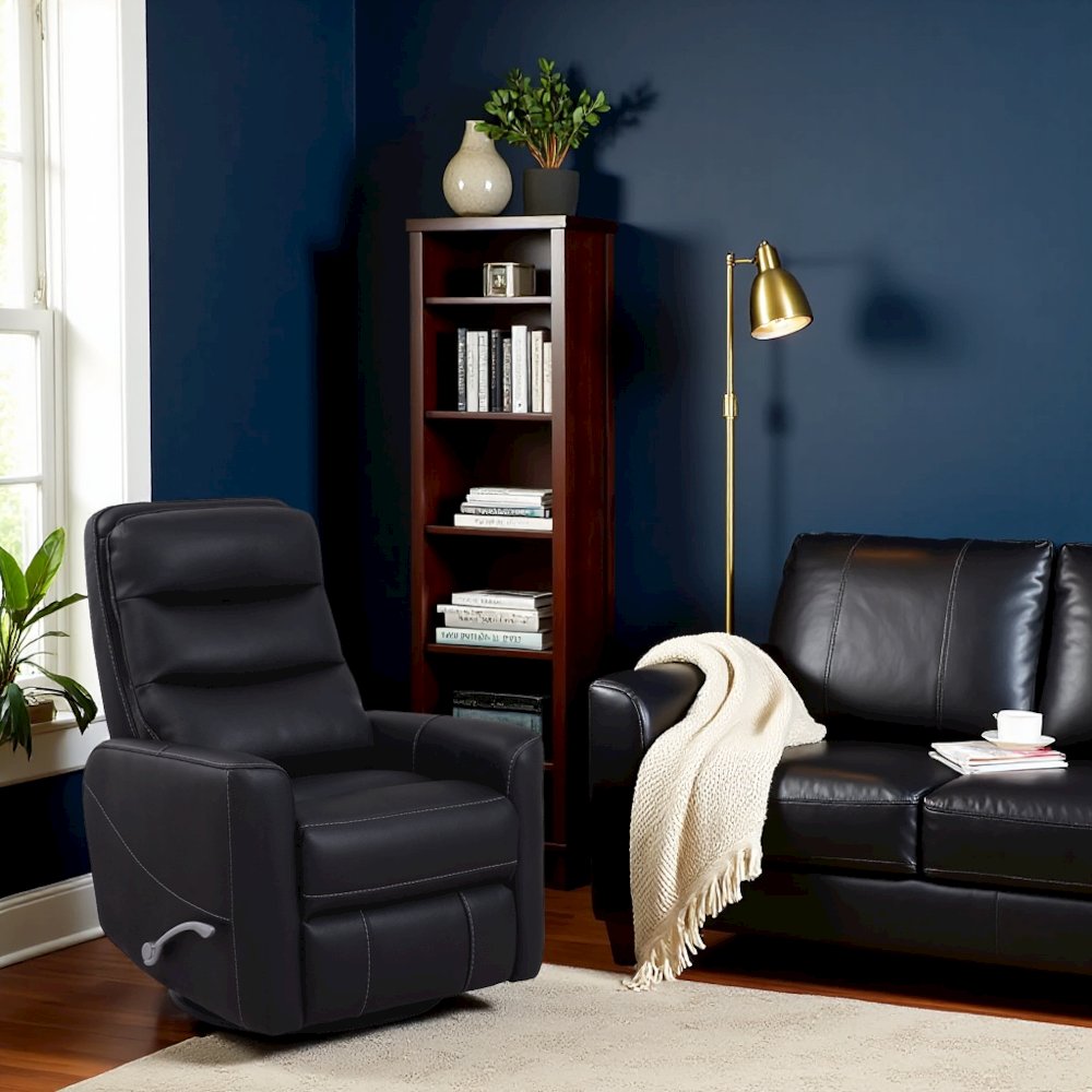 Black Swivel Recliner Chair with Glider Base and Soft Fabric Comfort. Picture 2