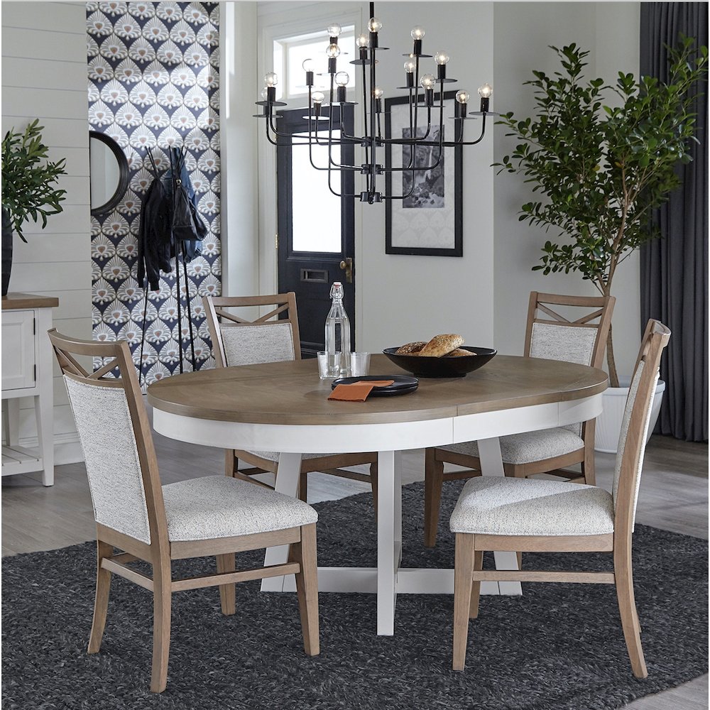 Modern Dining 48 In. Round Extendable Dining Table and 4 Upholstered Chairs. Picture 9