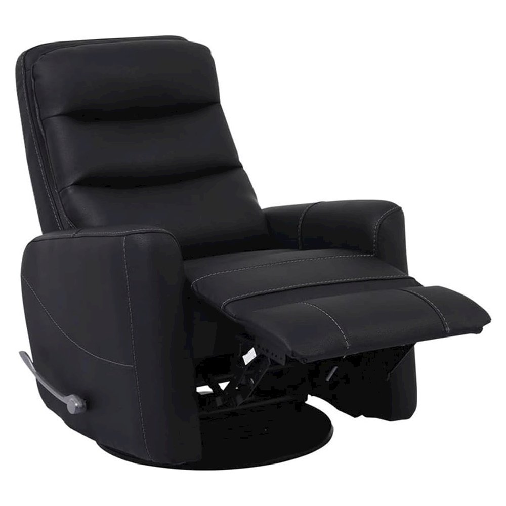 Black Swivel Recliner Chair with Glider Base and Soft Fabric Comfort. Picture 5