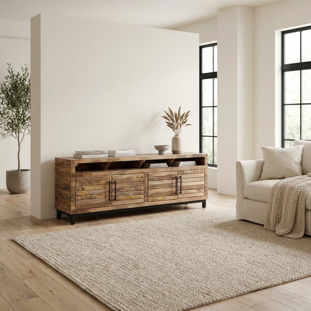 Gold Mango Wood Console, Transitional Style, Up to 98-Inch TV Compatibility. Picture 3