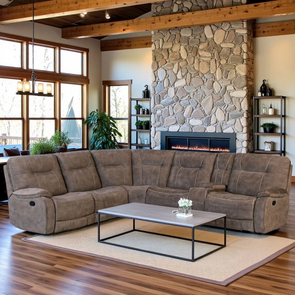 Brown Reclining Sectional Couch With Recliner for Living Room Comfort. Picture 2