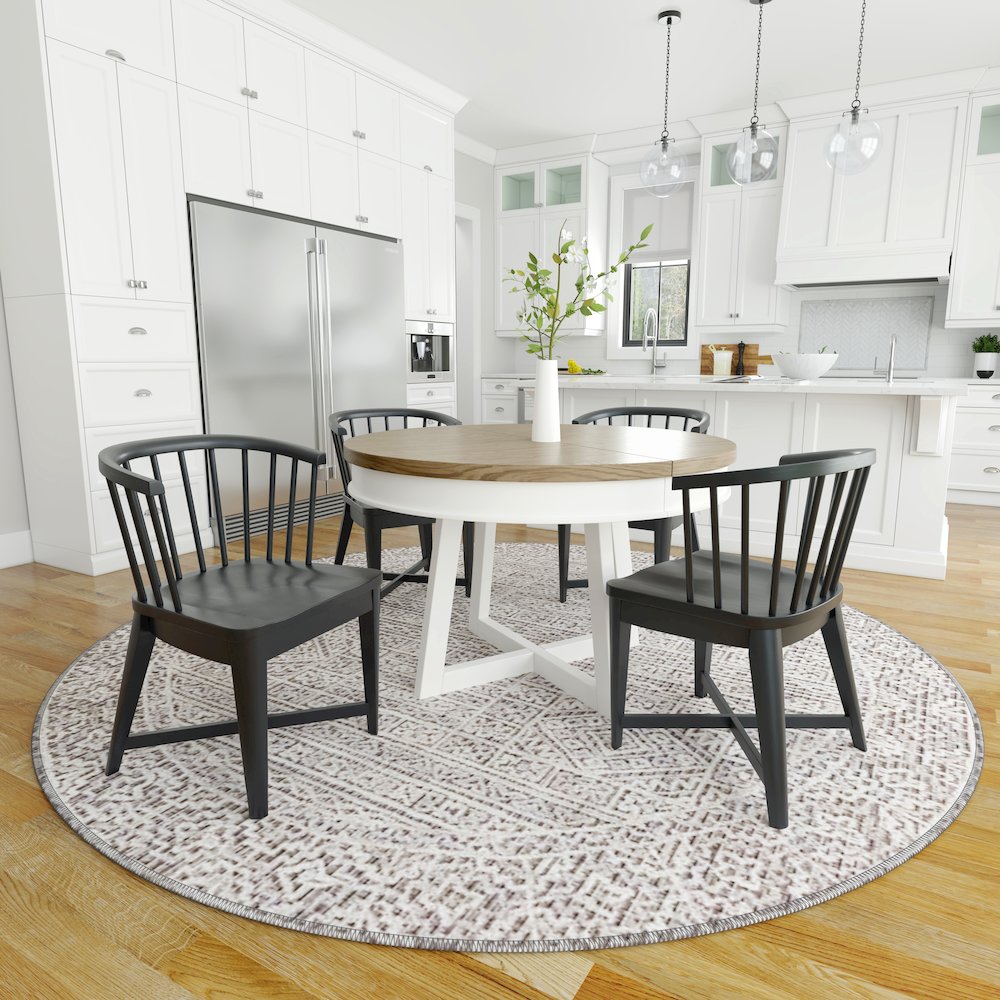 Modern Dining 48-66" Round Dining Table and 4 Black Barrel Chairs. Picture 5