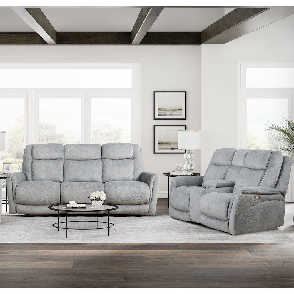 Linus - Hudson Grey Power Reclining Sofa and Loveseat. Picture 10