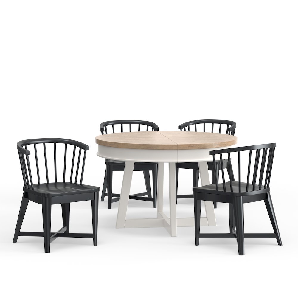 Modern Dining 48-66" Round Dining Table and 4 Black Barrel Chairs. Picture 1