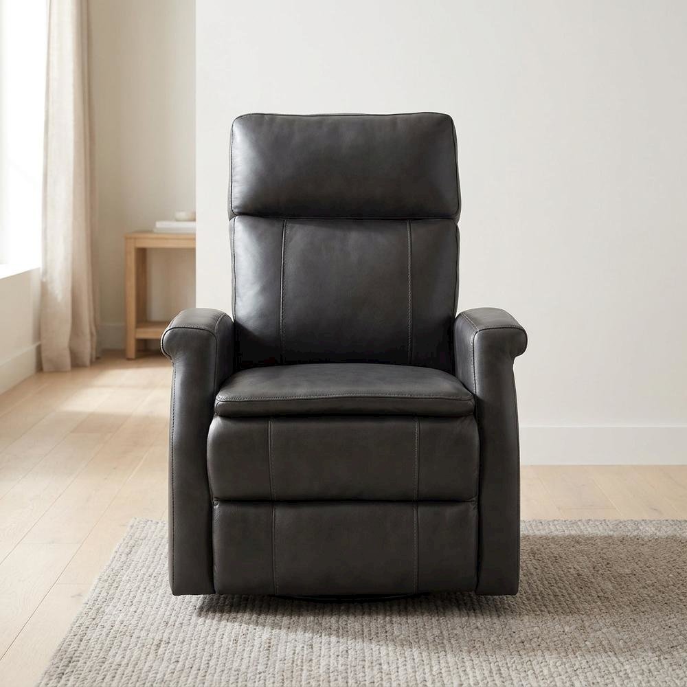 Contemporary Warm Grey Swivel Glider Recliner with Comfortable Headrest. Picture 2