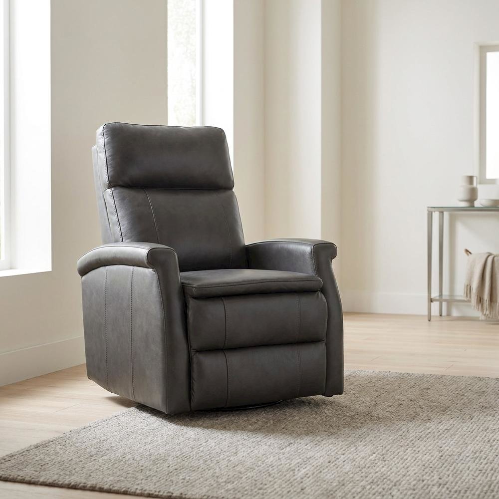 Contemporary Warm Grey Swivel Glider Recliner with Comfortable Headrest. Picture 3