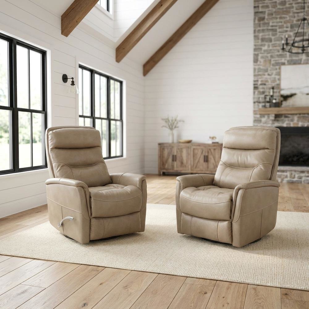 Tan linen swivel glider recliner set with transitional style and plush seating. Picture 2
