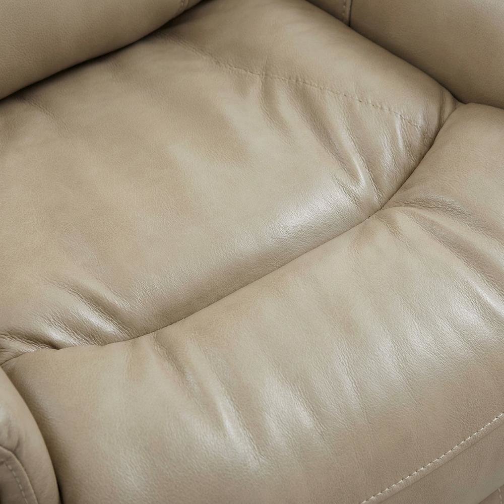 Tan linen swivel glider recliner set with transitional style and plush seating. Picture 6