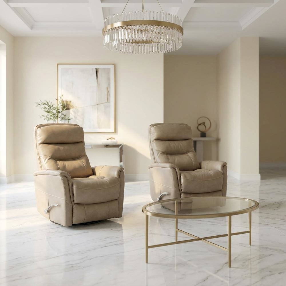 Tan linen swivel glider recliner set with transitional style and plush seating. Picture 3