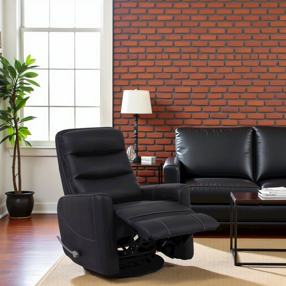 Black Swivel Recliner Chair with Glider Base and Soft Fabric Comfort. Picture 3