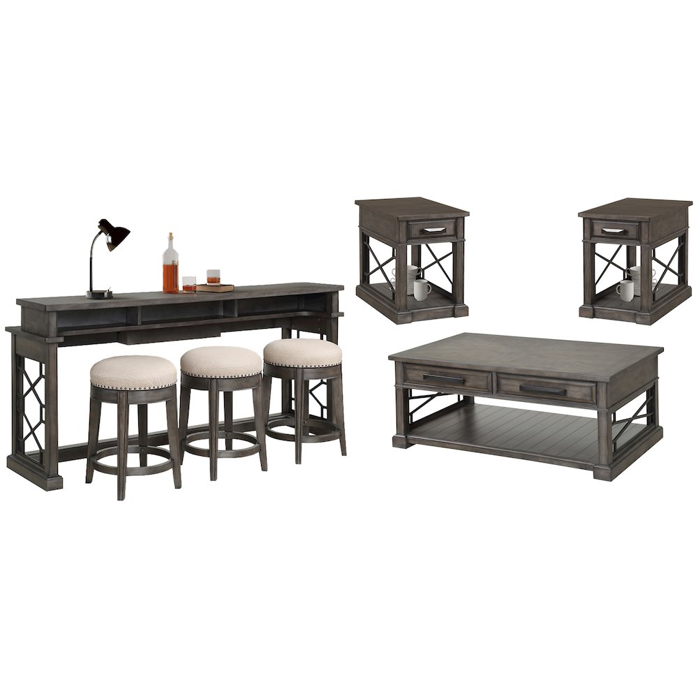 Grey Cocktail Table with 2 Chairside Tables and Console Table with 3 Stools. Picture 1