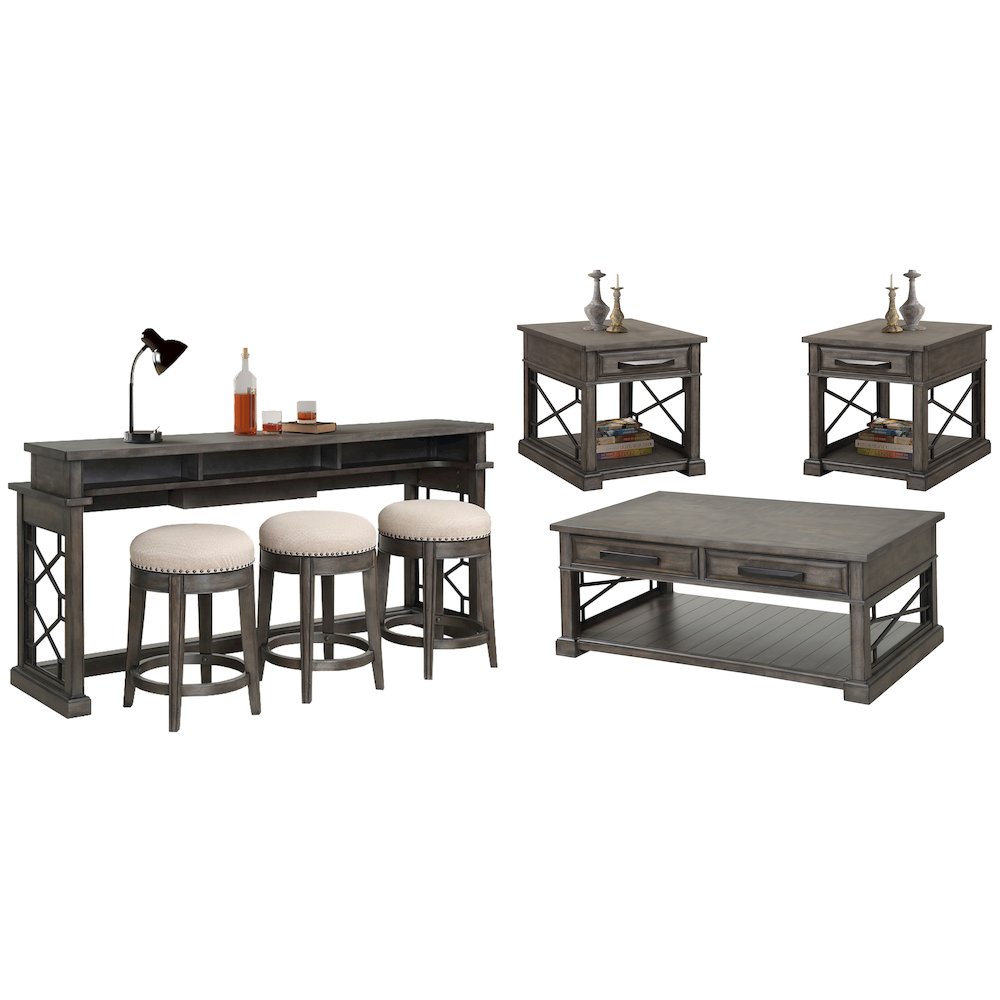Smokey Grey Cocktail Table with 2 End Tables and Console Table with 3 Stools. Picture 1