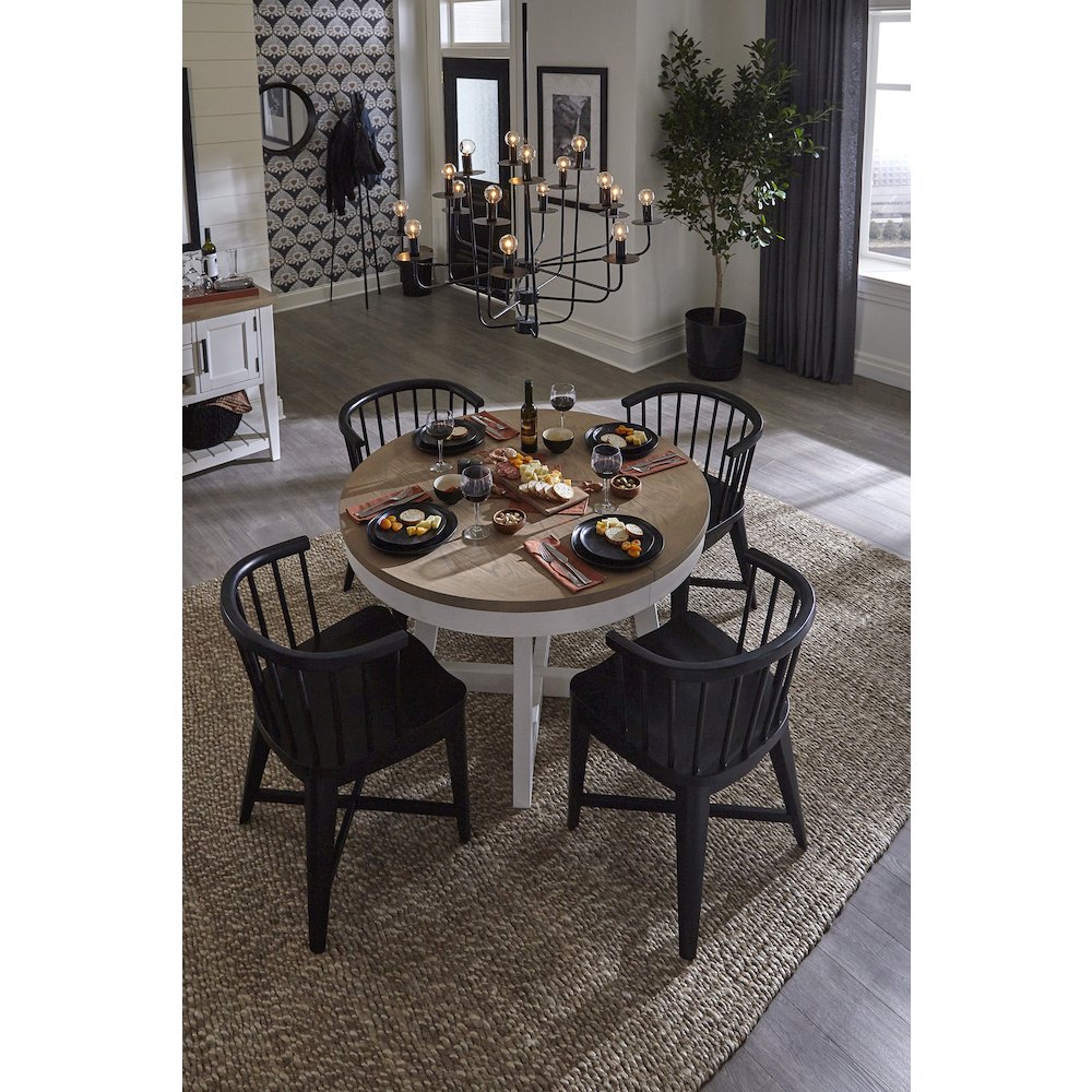 Modern Dining 48-66" Round Dining Table and 4 Black Barrel Chairs. Picture 7