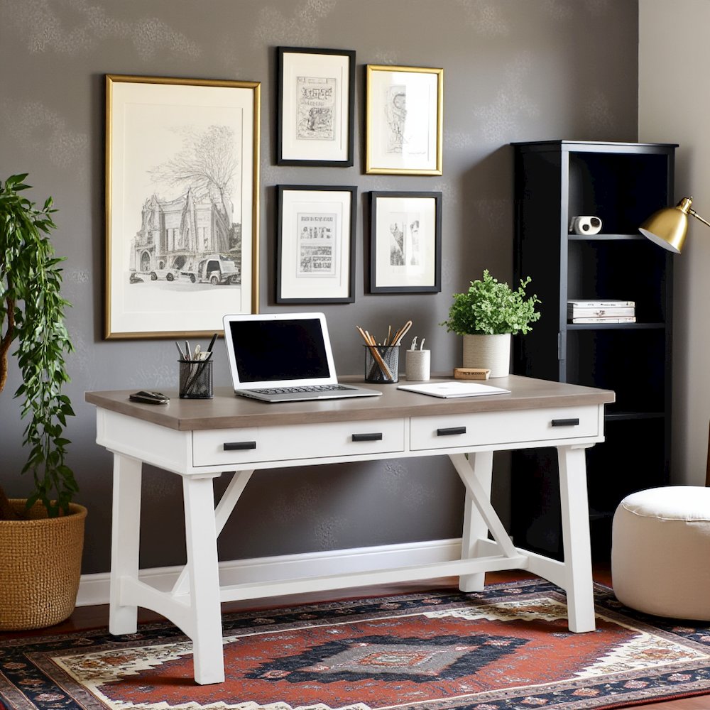 White Desk, 60 Inch Writing Desk with 3 Drawers, Writing Desk Wood Design. Picture 3