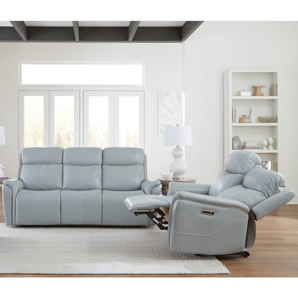 Cascade - Seamist Grey Power Reclining Sofa and Loveseat. Picture 9