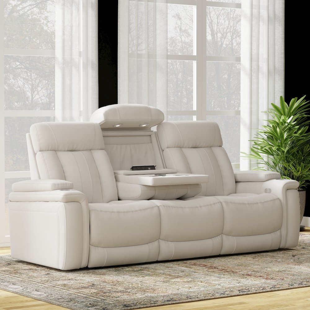 Royce - Fantom Ivory Power Reclining Sofa with Drop Down Console. Picture 4