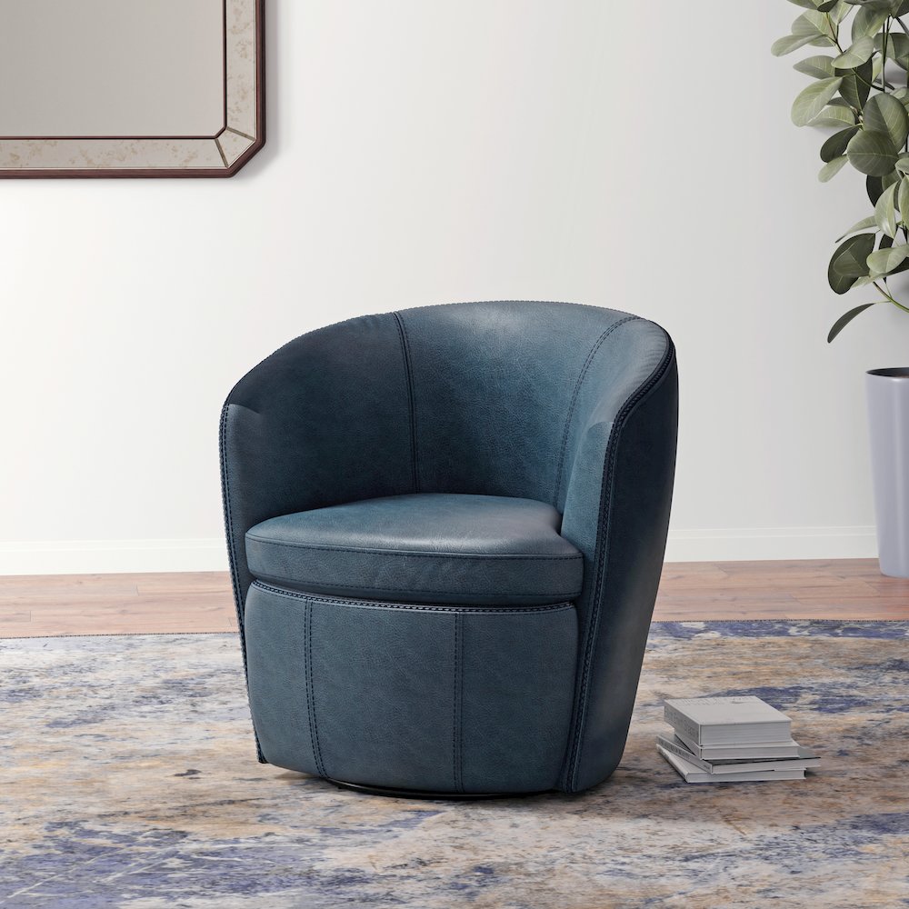 Vintage Navy 100% Italian Leather Swivel Club Chair. Picture 4