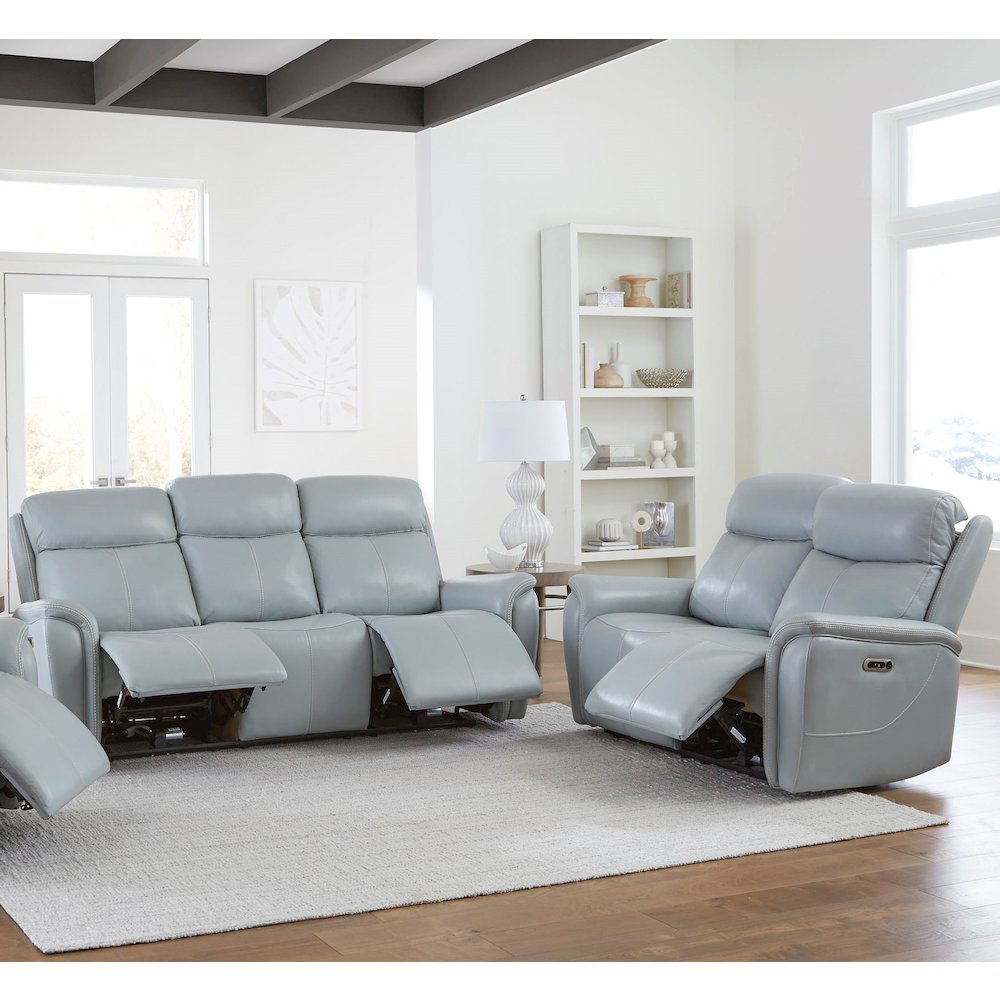 Cascade - Seamist Grey Power Reclining Sofa and Loveseat. Picture 8