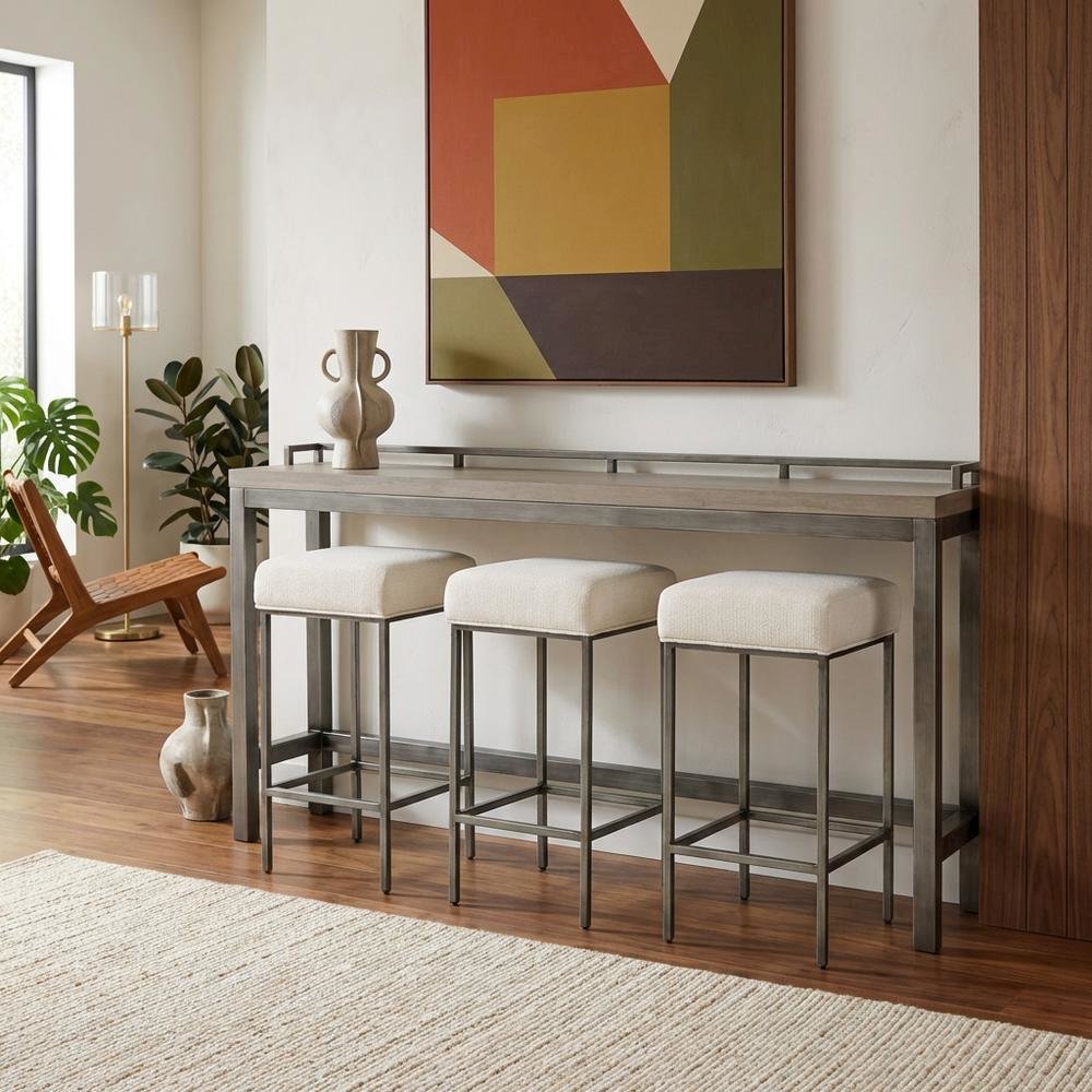 Gray Console Table with 3 Stools and Metal Frame for Living Room Use. Picture 2