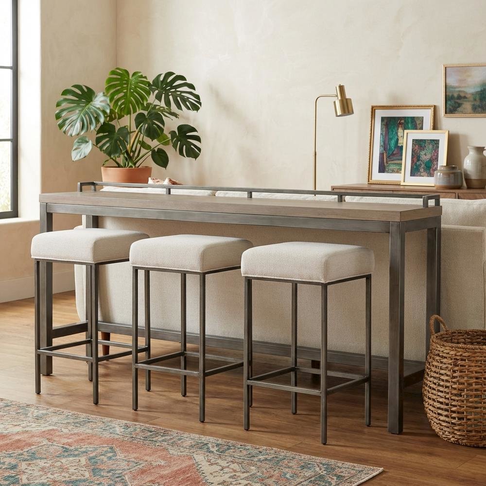 Gray Console Table with 3 Stools and Metal Frame for Living Room Use. Picture 3