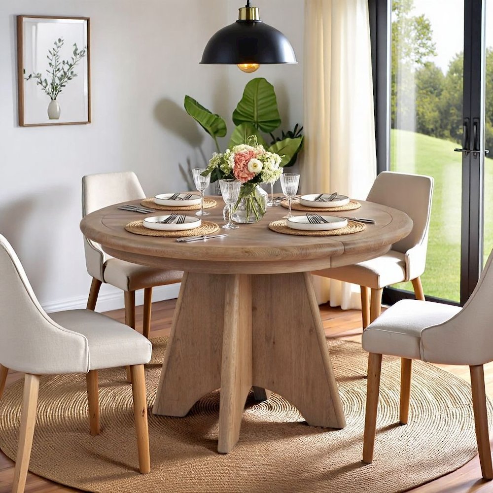 Brown Round Pedestal Dining Table With Oak Veneer Finish for 6. Picture 3