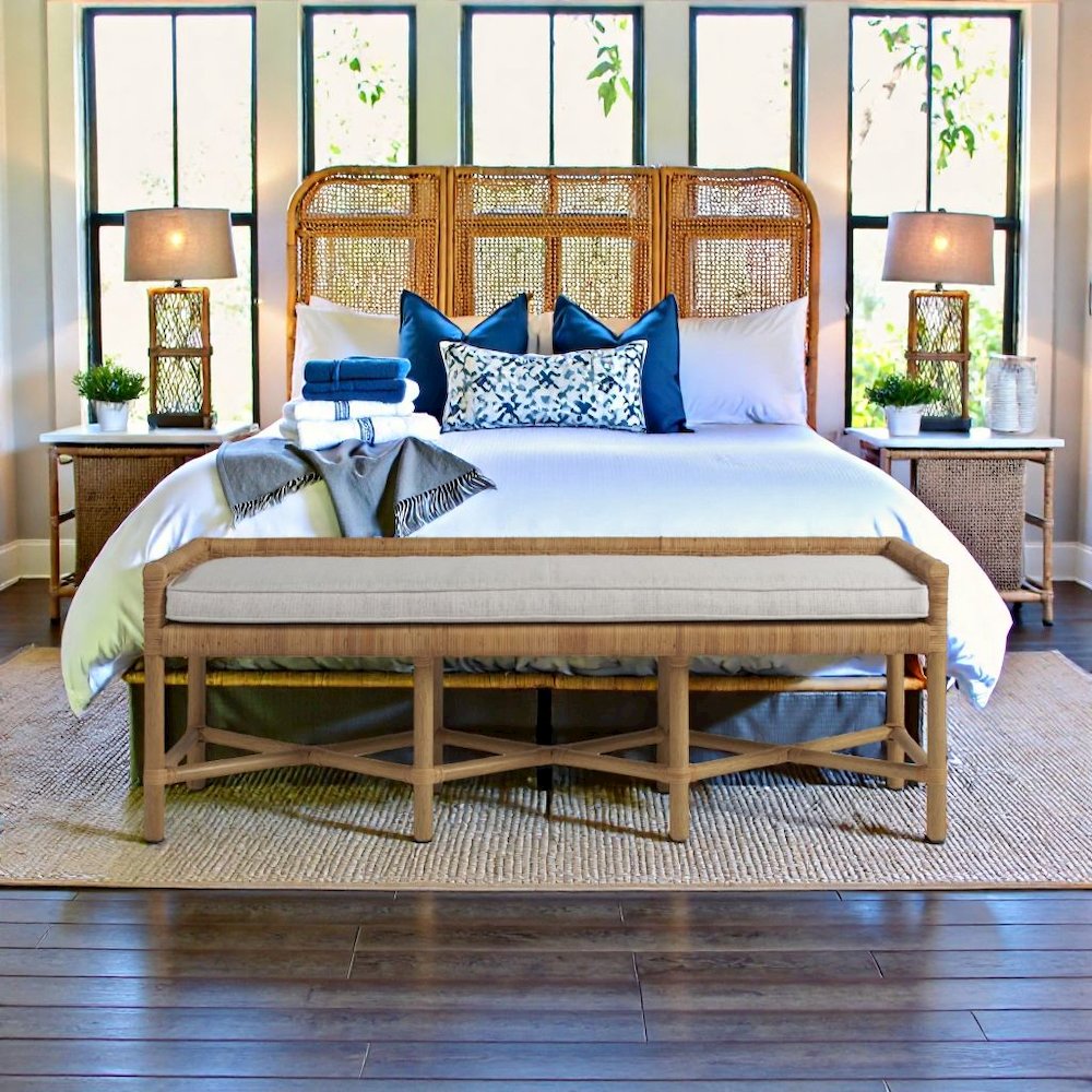 Wooden Rattan Bench with Cushion for Bedroom, Entryway, or Dining Use. Picture 3