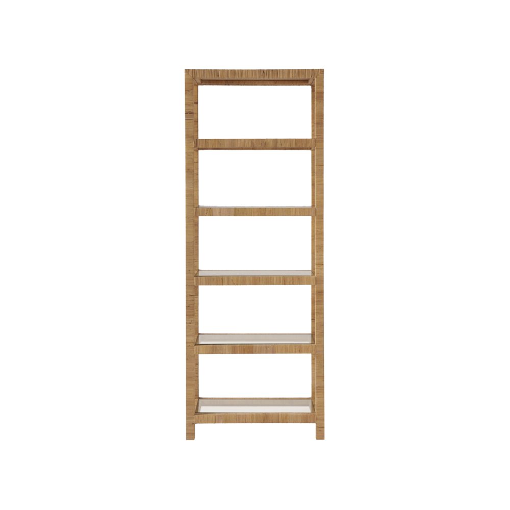 Brown Rattan Bookshelf with Storage and Glass Shelves, 5 Shelf Bookcase. Picture 1