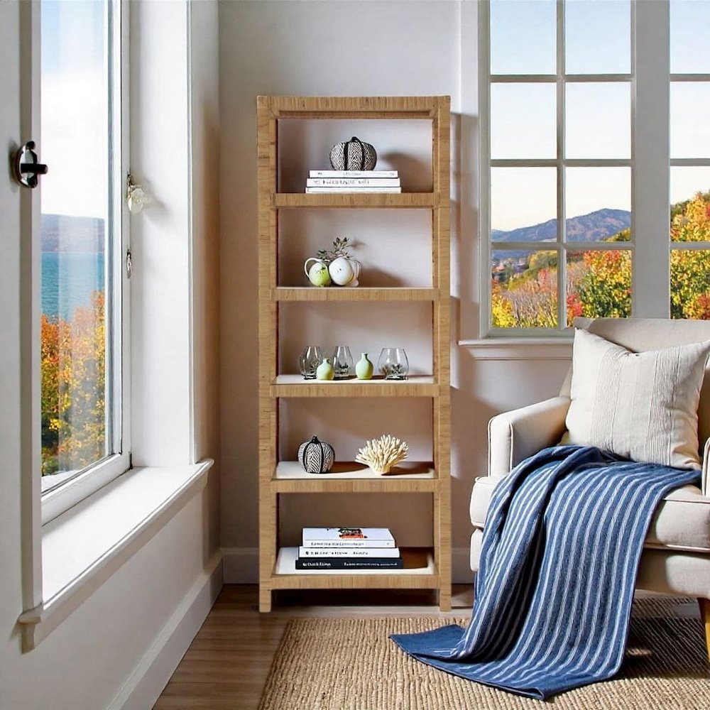Brown Rattan Bookshelf with Storage and Glass Shelves, 5 Shelf Bookcase. Picture 2
