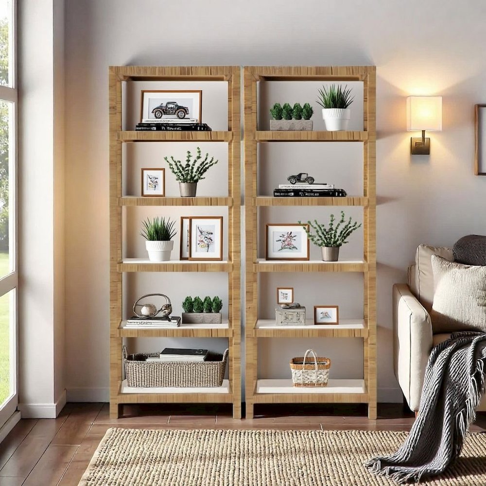 Brown Rattan Bookshelf with Storage and Glass Shelves, 5 Shelf Bookcase. Picture 3