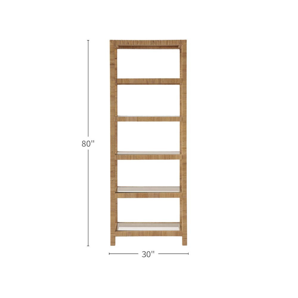 Brown Rattan Bookshelf with Storage and Glass Shelves, 5 Shelf Bookcase. Picture 4