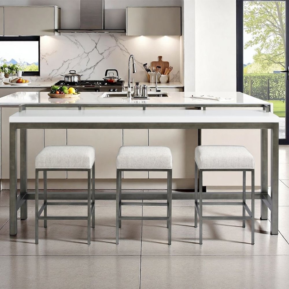White Console Table with Stools for Bar Seating and Living Room Use. Picture 2