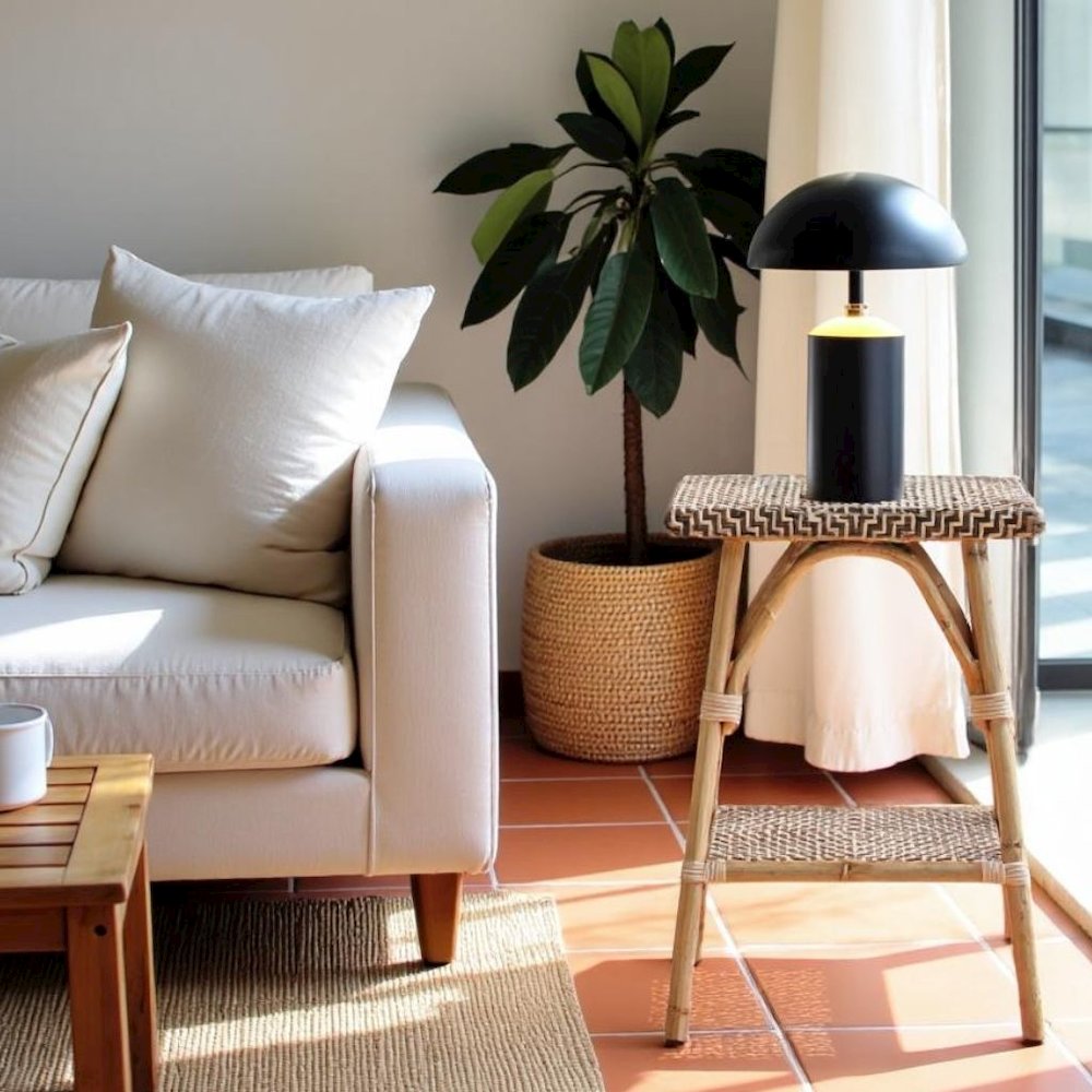 Brown Natural Rattan Accent Table with Basket Weave Top – Boho Side Table. Picture 3