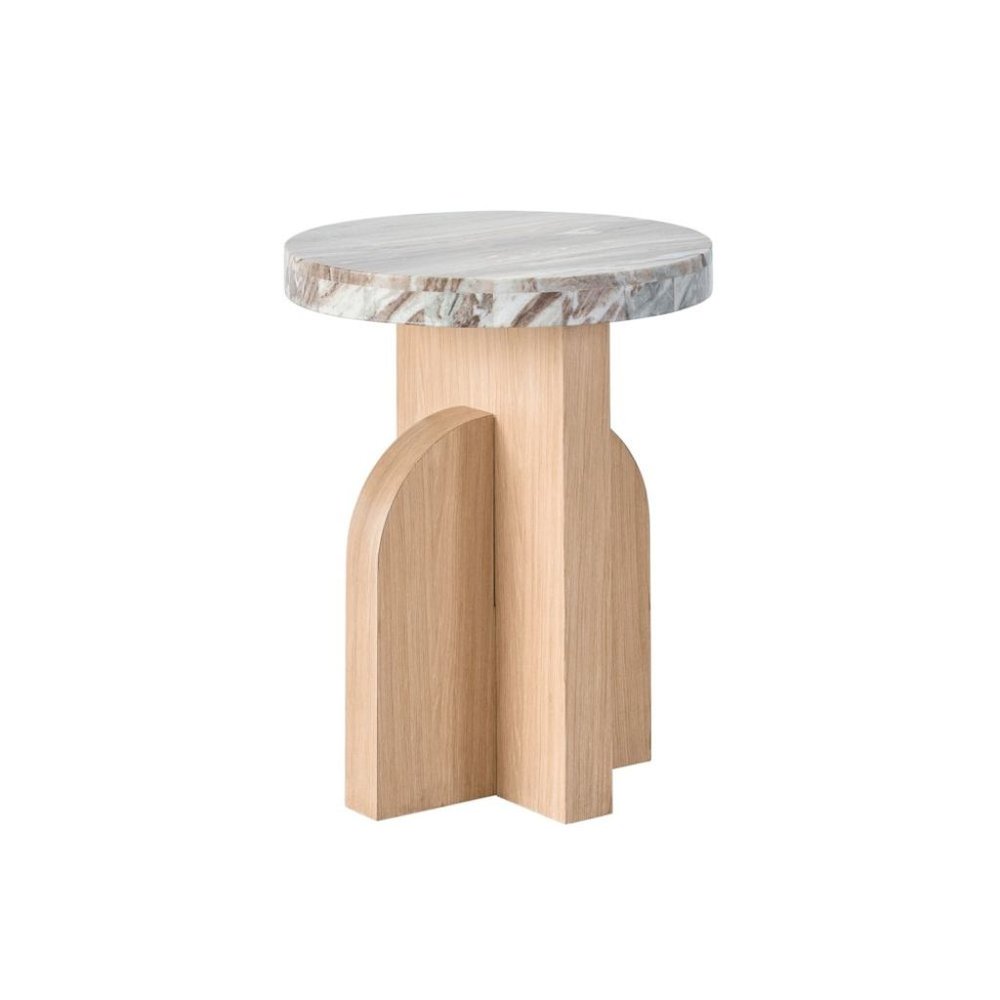 White Marble Accent Table with Oak-Finished Pedestal Base For Living Room. Picture 1
