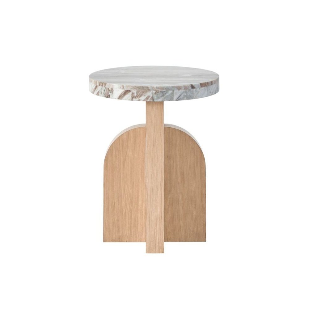 White Marble Accent Table with Oak-Finished Pedestal Base For Living Room. Picture 4
