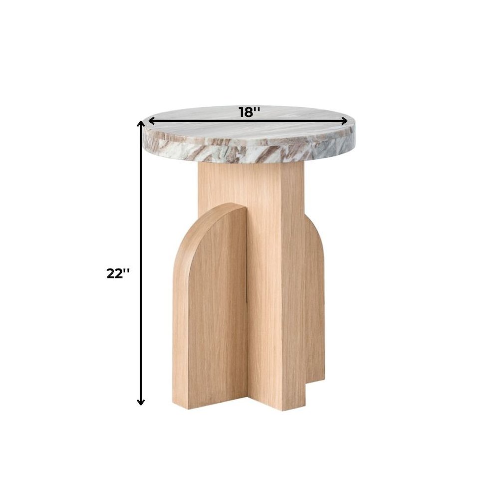 White Marble Accent Table with Oak-Finished Pedestal Base For Living Room. Picture 5