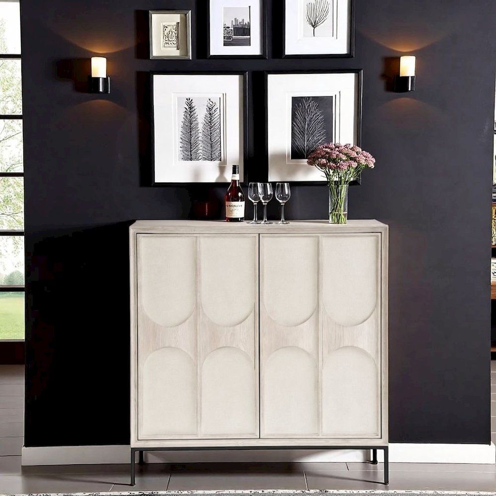 Gray Wood Bar Cabinet with Wine Storage and Pull-Out Work Surface. Picture 3