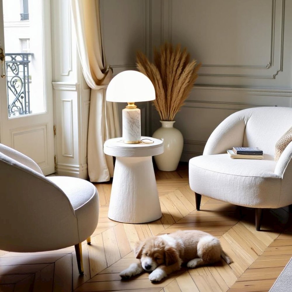 White Stone Accent Table with Honed Top – Round Outdoor or Living Space Piece. Picture 3