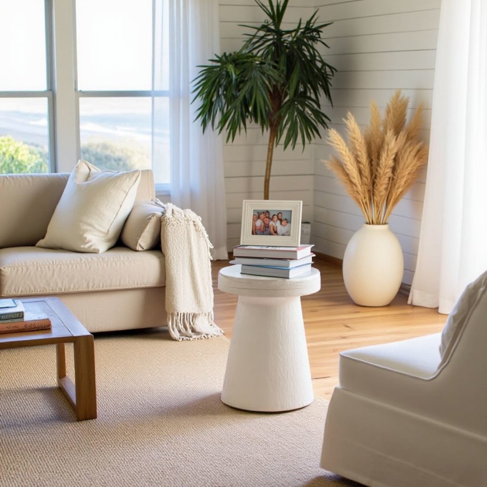 White Stone Accent Table with Honed Top – Round Outdoor or Living Space Piece. Picture 4